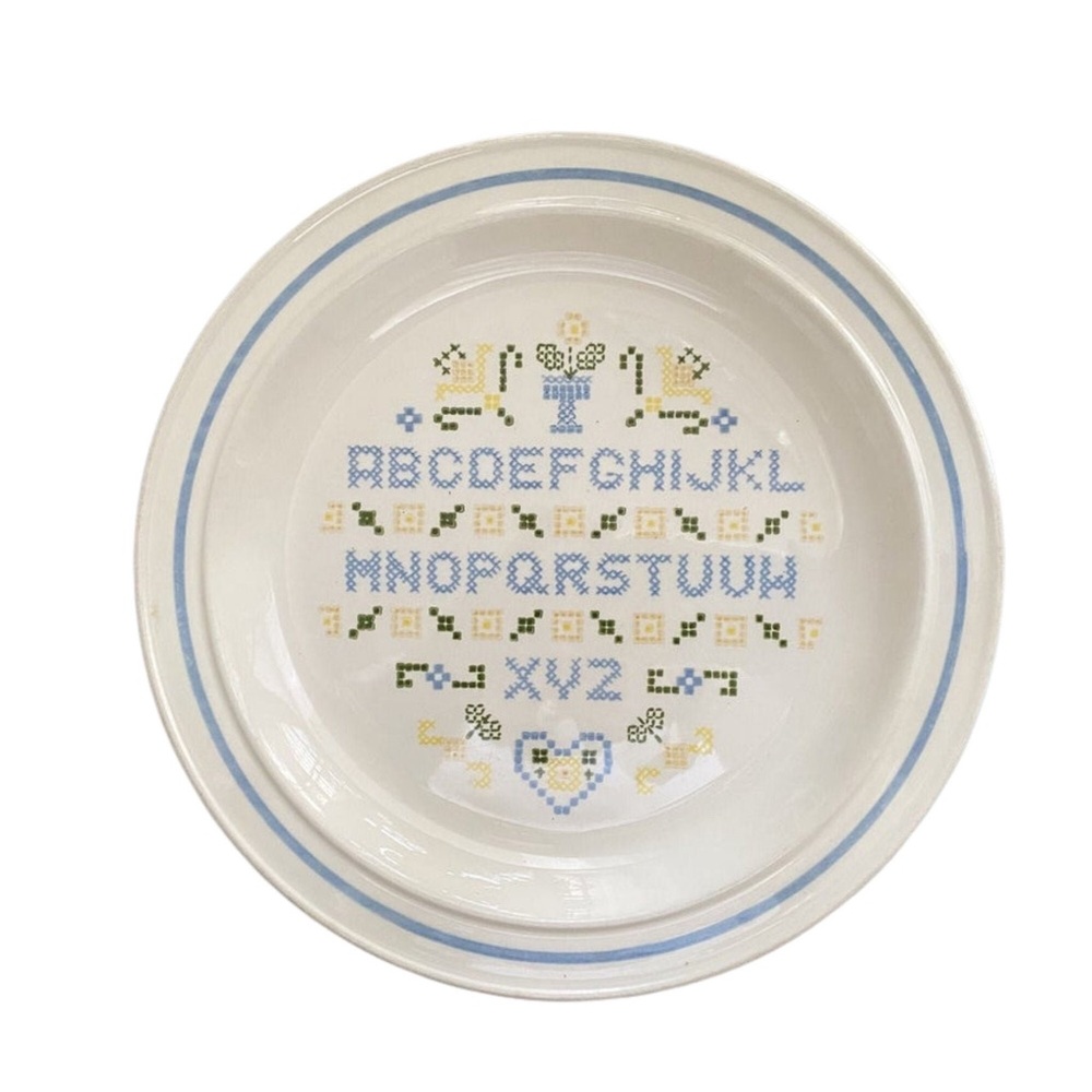 Rare Homer Laughlin cross stitch alphabet design folk art stoneware dinner plate